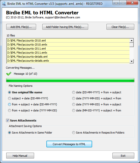 Transfer EML files to HTML 3.5