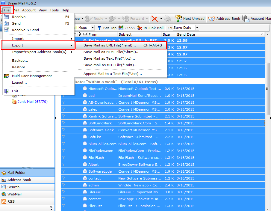 save dreammail emails as eml format