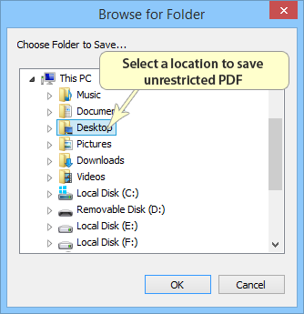 Select loaction to save password free PDF files